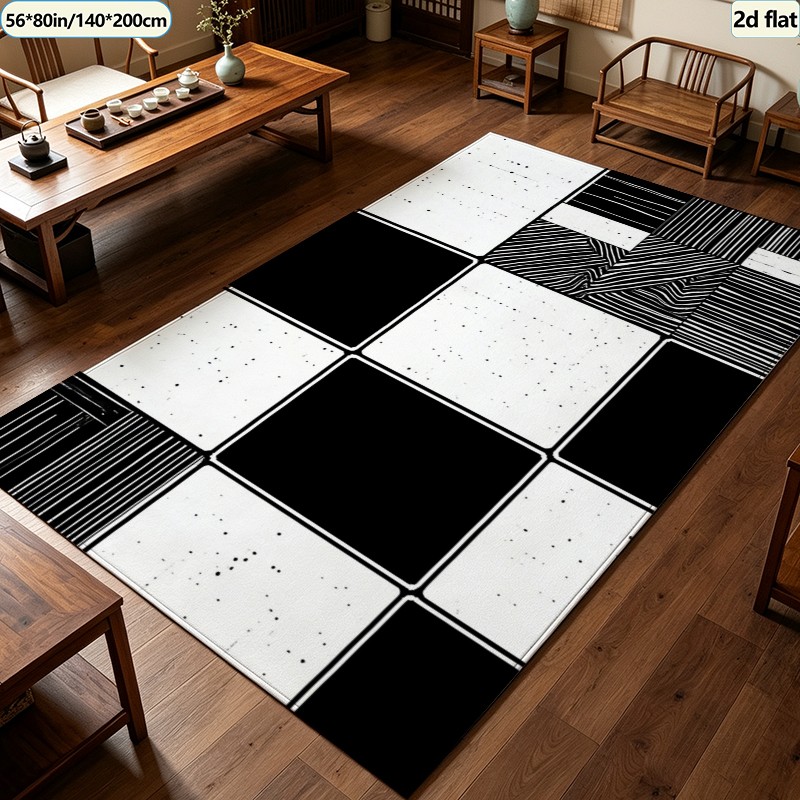 Printed Rug Abstract - Black White Patchwork Tile Carpet Flooring,