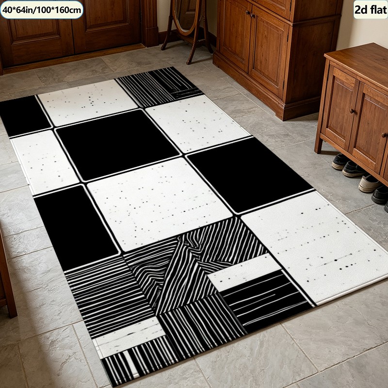 Black White Patchwork Tile Car - Printed Rug Abstract 评论和价格
