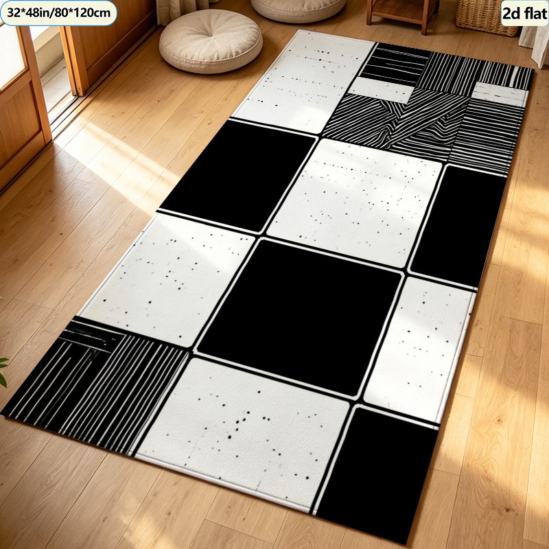 Black White Patchwork Tile Car - Printed Rug Abstract 评论和价格