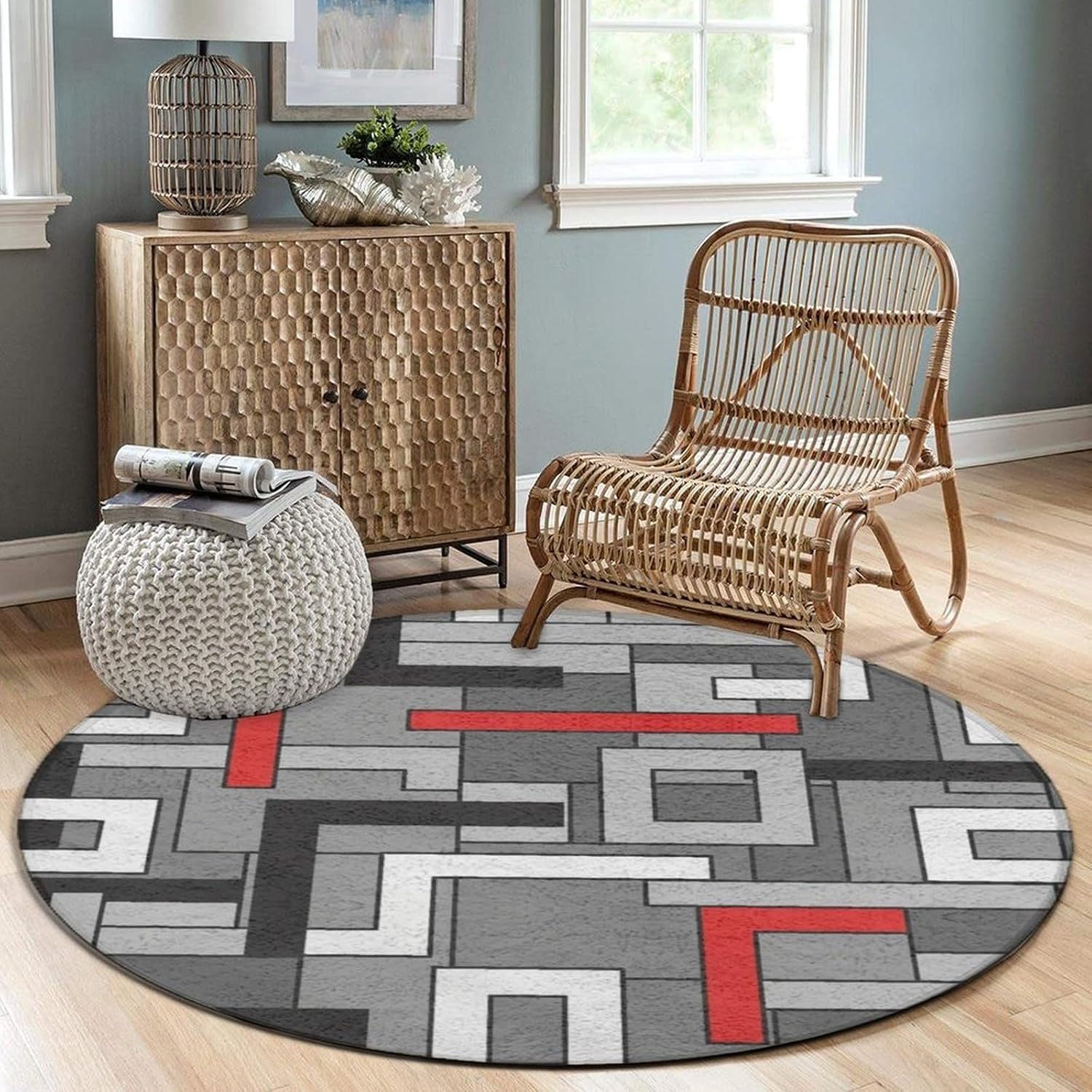 Round Geometric Abstract Polye - Printed Rug Abstract 评论和价格